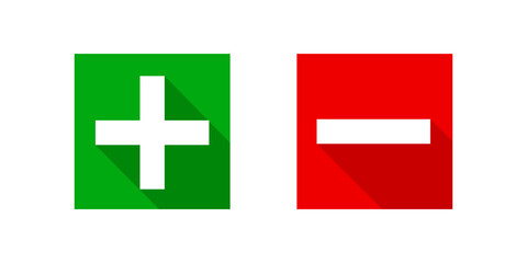 Fototapeta premium square minus and plus sign icons modern graphic, negative and positive symbol isolated on white, anode cathode sign red and green square buttons