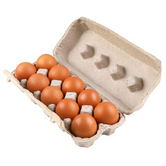 Packing, box of brown, beige eggs isolated on white background. top view,10 pieces.