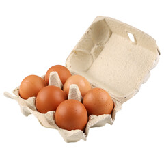 Packing, box of brown, beige eggs isolated on white background. top view, 6 pieces.