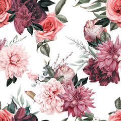 Nahtloses Blumenmuster mit Blumen auf Sommerhintergrund, Aquarellillustration. Vorlagendesign für Textilien, Interieur, Kleidung, Tapeten