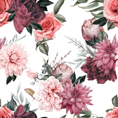 Aluminium Prints Roses Seamless floral pattern with flowers on summer background, watercolor illustration. Template design for textiles, interior, clothes, wallpaper
