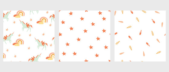 Set three seamless childish pattern with hand-drawn star, unicorn,rainbow vector illustration. Good for kids theme, fabrix, textile, stationary, card, wallpaper.