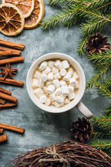 Christmas decorations with hot chocolate and marshmallows. Christmas background. 