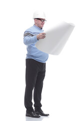 side view. smiling man reading the drawing