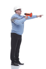 side view. a Mature man with a megaphone explains something.