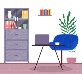 Workplace in office, interior with laptop at table, cup and comfortable chair, chest of drawers with folders, decorative elements, bookshelf, empty workspace, stylish design of office cabinet
