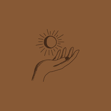 Boho Logo Hand Holding Moon And Sun