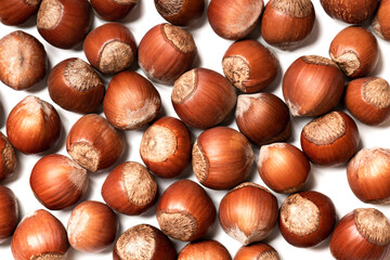 Hazelnuts on a white background top view. Soft focus. Stylish food background with nuts.