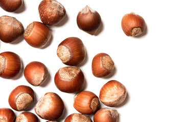 Hazelnuts on a white background top view. Free space for text. Soft focus. Stylish food background with nuts.