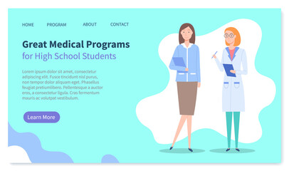 Landing page of medical website. Great medical programs for high school students. Medical education. Two doctors women with clipboards. Educational program for studying. Online education, courses