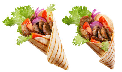 Doner kebab or shawarma with ingredients: beef meat, lettuce, onion, tomatos, spice. White background. Clipping path.