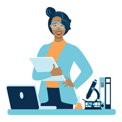 International Day of Women and Girls in Science February 11 vector illustration. Four female scientists of different nationalities conducting research.Flat design for social media, poster, banner. 