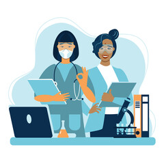 International Day of Women and Girls in Science February 11 vector illustration. Four female scientists of different nationalities conducting research.Flat design for social media, poster, banner. 