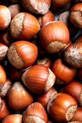 Heap of hazelnuts close-up soft focus. Nuts background.