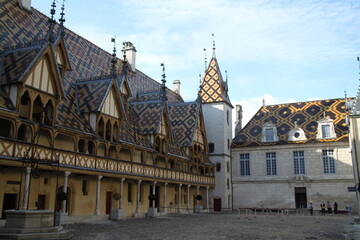Colored flat tiles historic roof