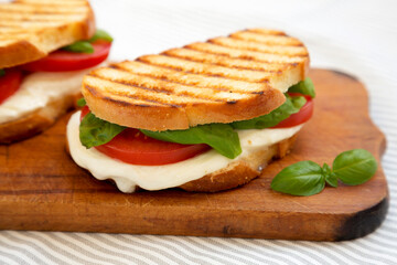 Tasty Grilled Caprese Panini (Mozzarella, Tomatoes and Basil) on a rustic wooden board, side view. Close-up.