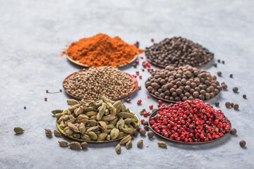 mix of aromatic coriander, black, red peppercorn,  paprika in white cups on gray concrete background . Healthy food.