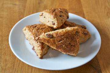 Traditional fresh baked English homemade scones with raisins for breakfast.     