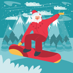 Santa Claus on Snowboard. flat Vector illustration