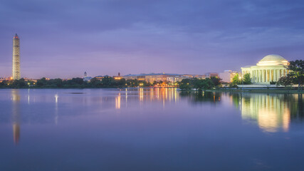 Fototapeta premium Amazing view of Washington DC at night, with Washington Monument, Capitol Building, and The Jefferson Memorial.