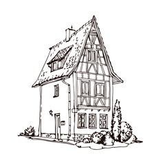 Cute old medieval house. Vintage European town building with high roof. Hand drawn outline ink sketch isolated on white background. Stock vector illustration, design for coloring book page.