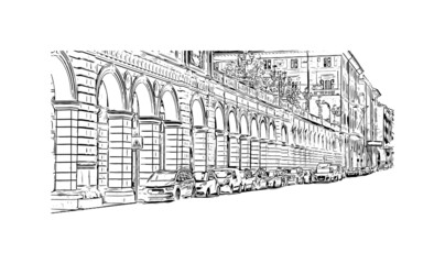 Building view with landmark of Bologna is the capital and largest city of  Northern Italy. Hand drawn sketch illustration in vector. © dhanu3182