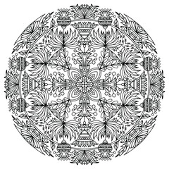Folk style drawn flowers and ornaments forming a mandala for coloring on a white background, vector, coloring book pages