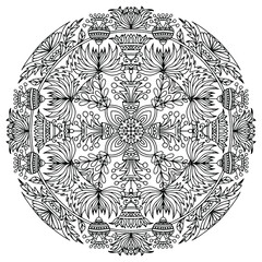 Folk style drawn flowers and ornaments forming a mandala for coloring on a white background, vector, coloring book pages