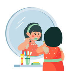 Girl brushing her teeth - colorful flat design style illustration