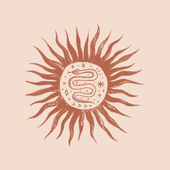 Snake boho logo sun, engraving vintage style.