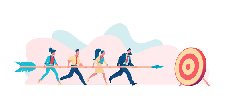 Business team carries huge arrow to goal. Leader leads team towards common goal concept. Metaphor for common cause. Flat vector illustration