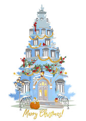 Abstract Christmas tree in the form of a house with windows and an entrance  with decorations from red ribbons, golden beads and birds. Christmas decoration card. 