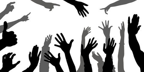 Vector black and gray silhouettes of people hands with palms isolated on white background. Hands expressing protest, jubilation, greeting, pointing gesture. Fingers in different versions.