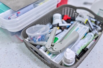 Close-up of dentist doctor work table with special professional tools