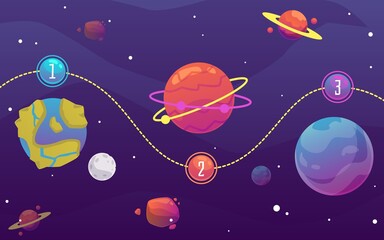 Space background with planets of solar galaxy, flat vector illustration on sky.