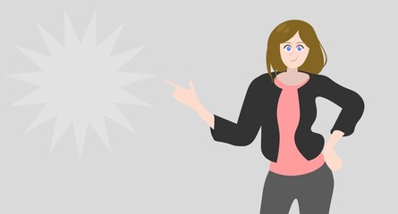 Smiling woman wearing casual clothes is pointing finger at copy space. Young woman showing way with finger.