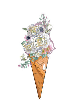Abstract dessert, an ice-cream, decorated with roses, anemonas and other flowers. Hand drawn vector illustration.