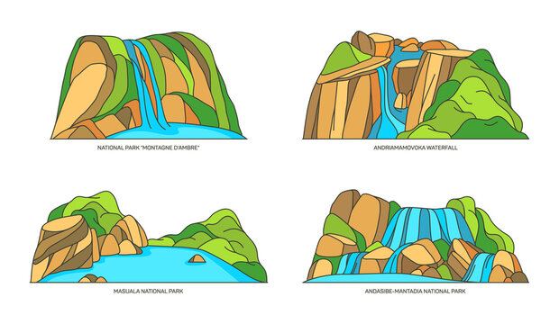Madagascar landscapes or African vector icon set