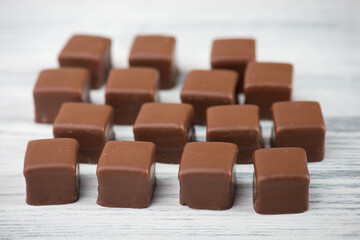 Domino stones, a german traditional christmas sweet with gingerbread, marzipan and jelly covered with brown chocolate, Dominosteine
