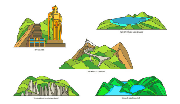 Malaysia linear landmarks, travel and nature icons