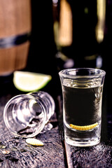 several glasses with mezcal (or mescal) is commonly known as tequila with larvae or worm, an exotic...