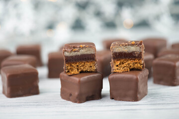Domino stones, a german traditional christmas sweet with gingerbread, marzipan and jelly covered with brown chocolate, Dominosteine