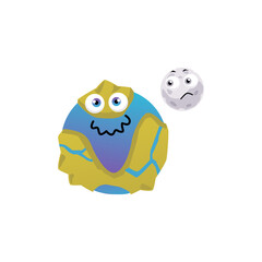 Earth planet and moon with childish faces flat vector illustration isolated.