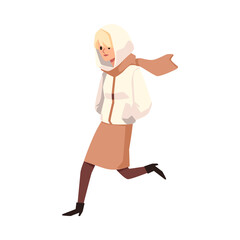 Woman in warm clothes on rainy autumn day, flat vector illustration isolated.