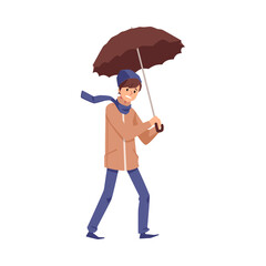 Guy with umbrella in wind weather, flat cartoon vector illustration isolated