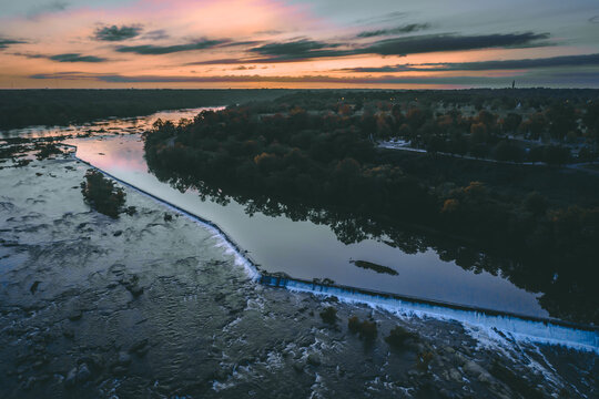 Sunset Over The Belle Isle Damn In Richmond, Virginia.