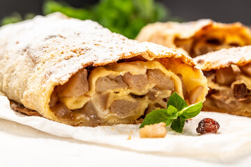 Homemade apple strudel with fresh apples and powdered sugar. classic and probably the best known Viennese pastry outside of Austria