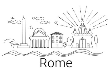 Flat line design style, cityscape of Rome, travel background, isolated, vector illustration