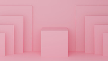 Fototapeta premium Square podium pink pastel colour. 3D Rendering illustration. Product presentation minimal. Empty geometric shape. Mock-up showcase for product