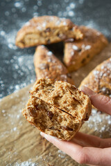Traditional fresh baked English homemade scones with raisins for breakfast. 